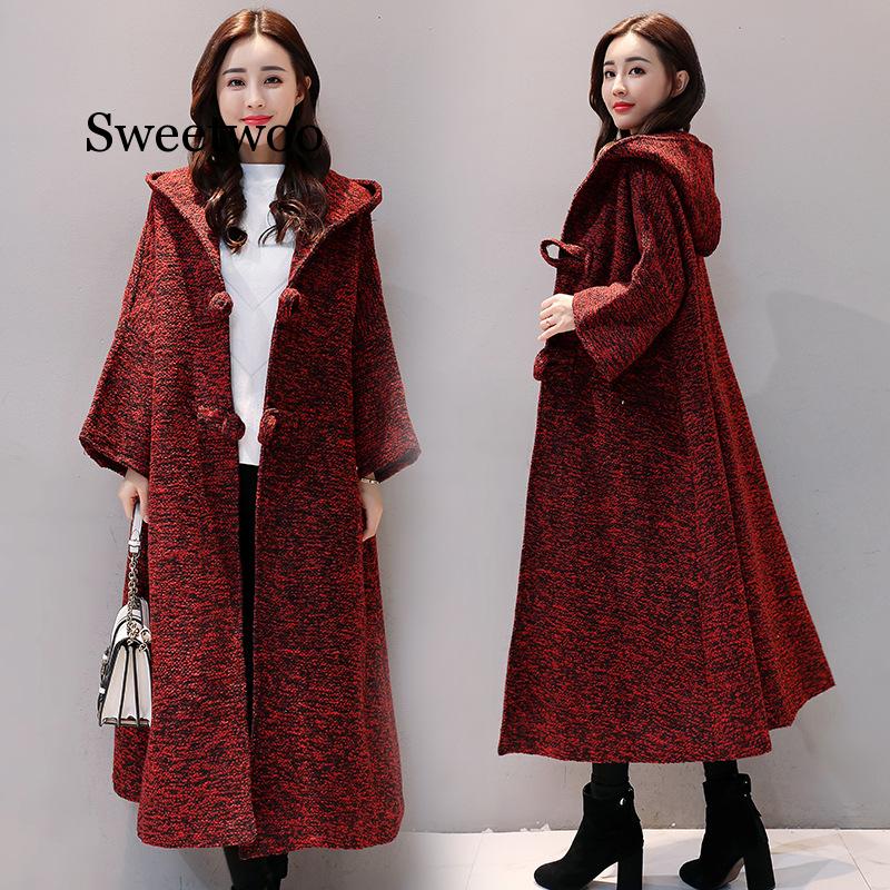 

Women Sweaters Autumn Fleece Hooded Button Up Soft Jacket Long Sleeve Tops Knitted Cardigan Thicken Long Coat Khaki Red Gray