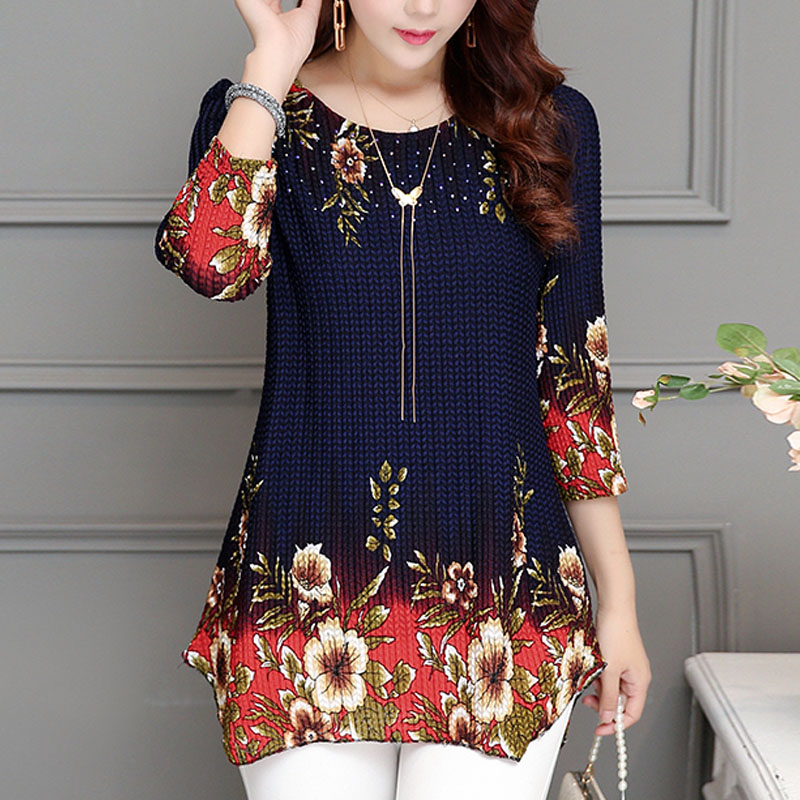 

Women blouse 2019 shirt plus size 4XL Chiffon blouse red korean women's clothing o-neck floral Print feminine tops blusas 0453, Blue