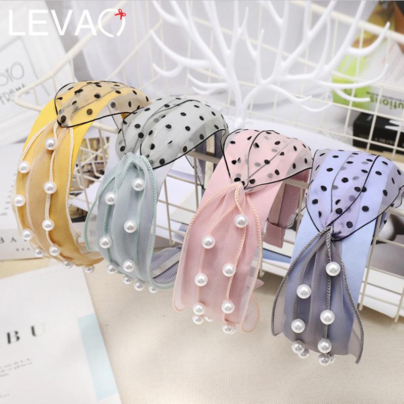 

Leavao Dot Print Pearl Headband for Women Cross Knotted Hairband Fabric Mesh Head Band Hair Hoop Girls Sweet Hair Bands Bezel
