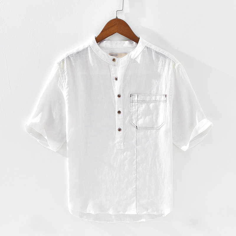 

Pure Linen Short Sleeve Shirts Men Casual Fashion White Stand Collar Man Summer Pullover Tops Y2495, Khaki