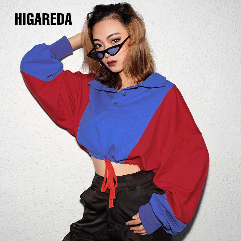 

Casual Korean Cropped Sweatshirt Women Turn-down Collar Harajuku Crop Top Hoodie Long Sleeve Womens Hoodies Pullovers, Blue