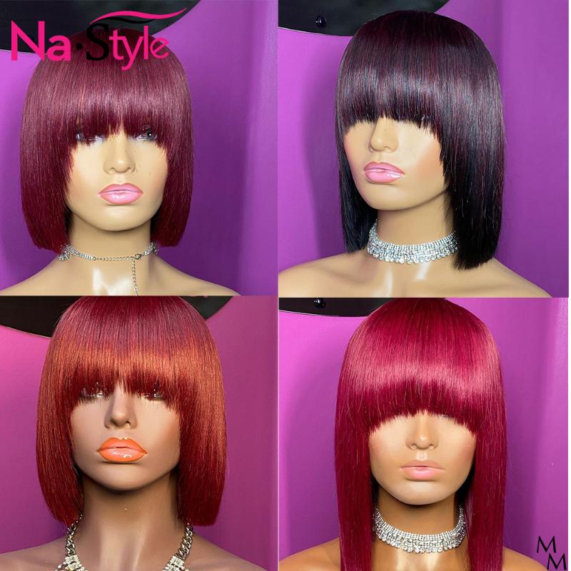 

Ombre Human Hair Wig Short Bob Wigs With Bangs Red Ginger 13x6 Lace Frontal Highlight Burgundy Lace Front Pixie Cut Wig 150 Remy