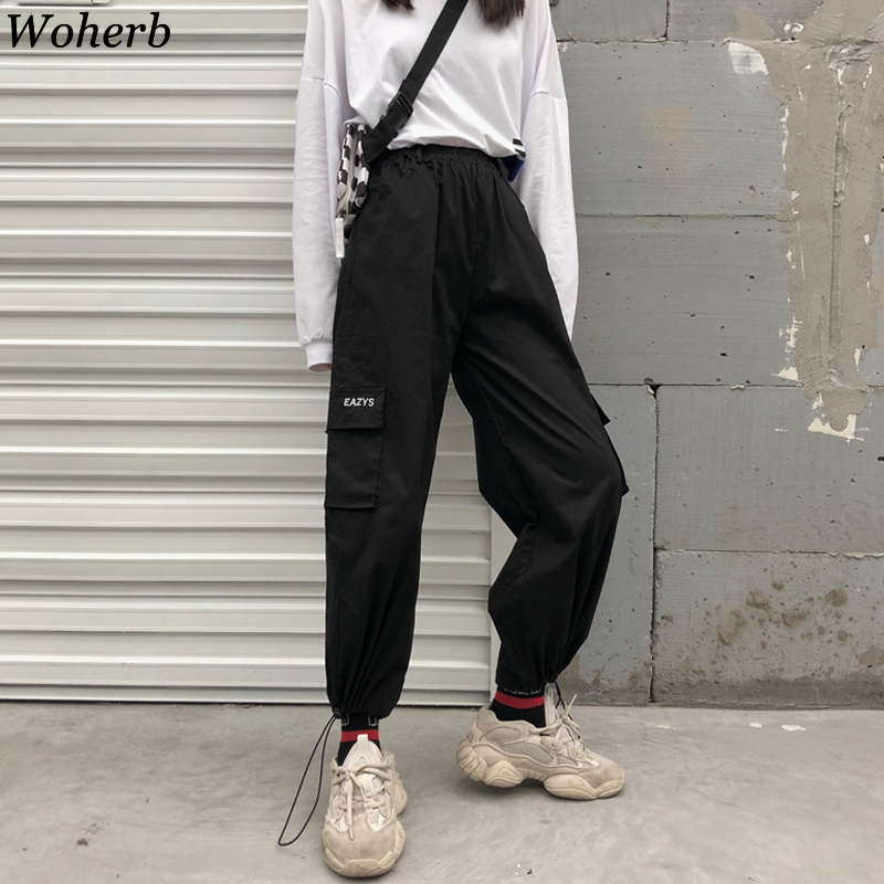 

Woherb Pockets Cargo Pants Women High Waist Loose Streetwear Pants Baggy Tactical Trouser Hip Hop Cargo Joggers 2020, Black