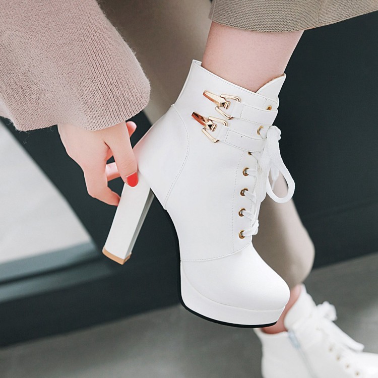 

Plus Size 33 34 To 42 43 Adorable White PU Leather Ankle Boots With Buckle Platform Round Toe Lace Up Chunky Heels 10CM, Black