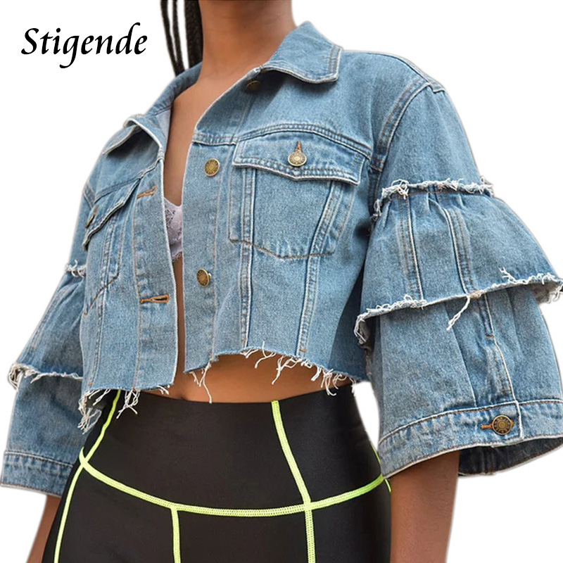 

Stigende Women Sexy Denim Jacket Coat Half Sleeve Turn Down Collar Crop Jeans Jacket Casual Button Pocket Jeans Coat, Blue