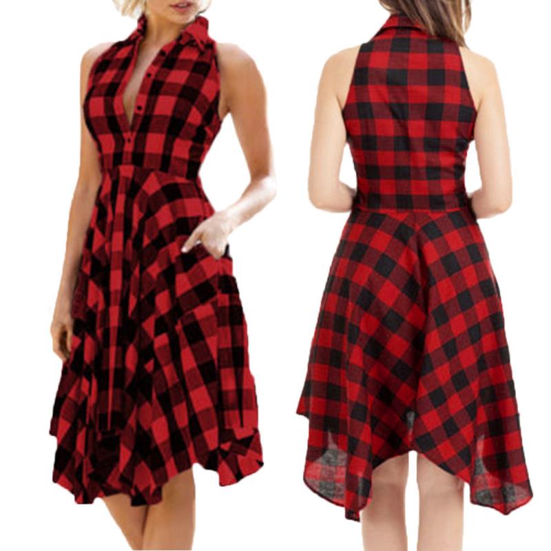 

Dress Women vestidos sexy dress fiesta Vintage Bodycon Plaid Sleeveless Zipper Irregular Hem Evening Party vestido N1