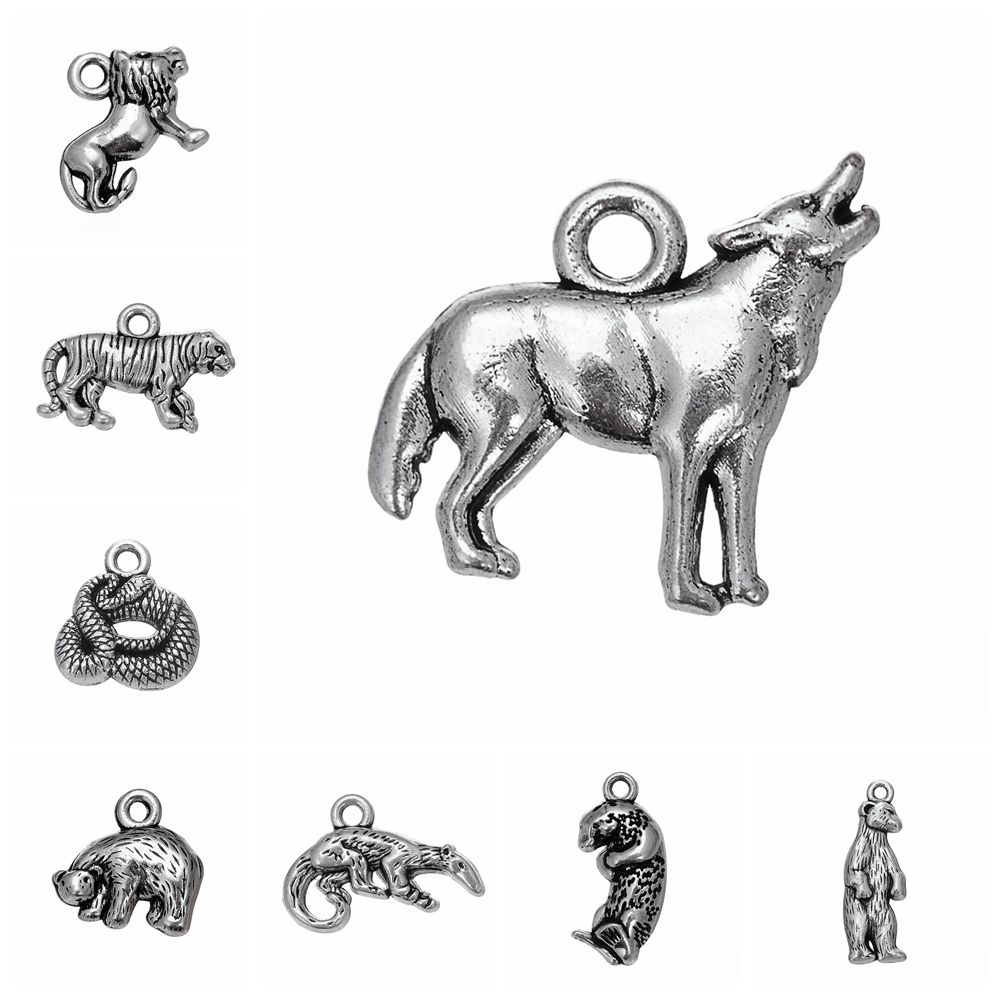 

10pcs/lot Carnivore Animal Lion Wolf Snake Polar Bear Tiger Charms Pendant DIY Metal Jewelry Making Antique Silver Color