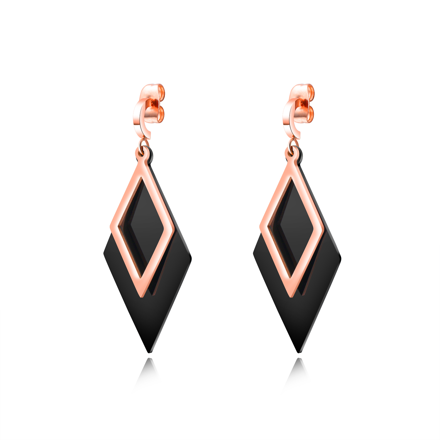 

Geometric Diamond Shaped Drop Earrings in Stainless Steel Black Rose Gold Stacking Earrings, Golden;silver