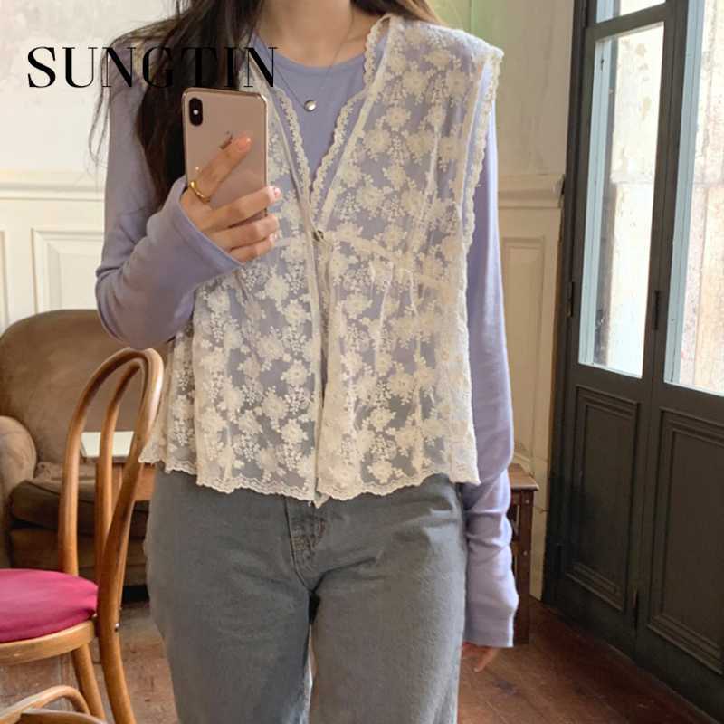 

Sungtin Summer Cute Lace Vest Fashionable Sexy Female Sleeveless Cardigans White Thin Sweet Hot Sell Waistcoats Mesh Tops 2020, Beige