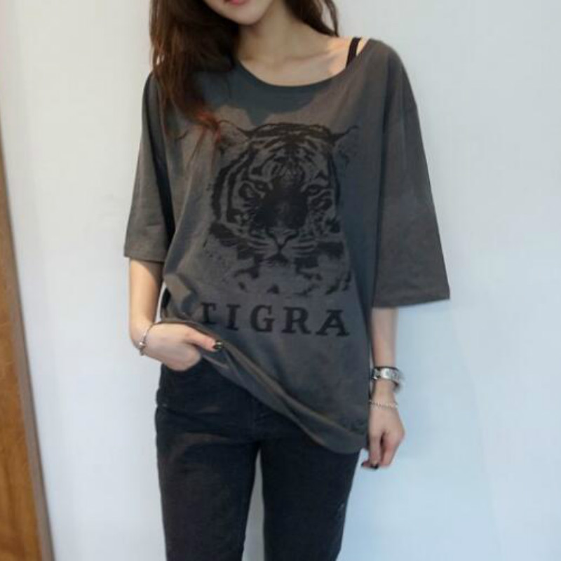 

Minuoyi Tiger Letter Print 2020 Summer New Tshirts Women Short Sleeve O-neck Medium Length Tops Tee Korean Casual Loose T-shirt, Gray