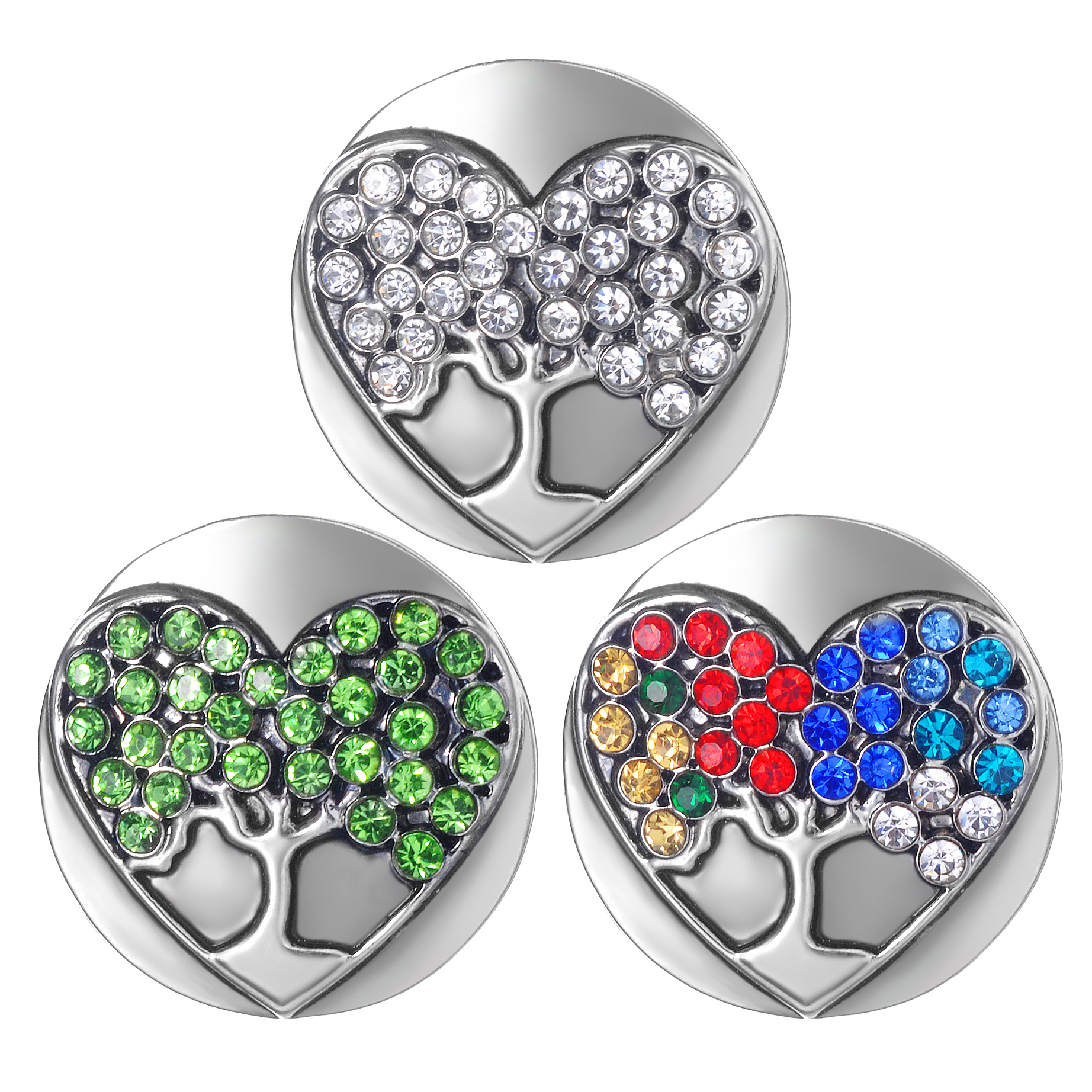 

3 Colors Life Tree Heart Shape Crystal Snap Buttons 18mm Alloy snap Charms for Women Snap Jewelry VN-2104