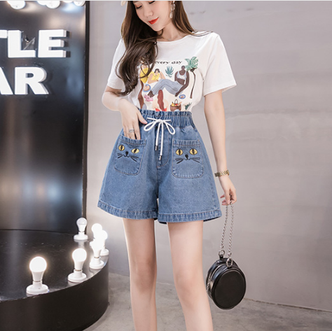

cartoon design high waist shorts women 2020 summer shorts 5xl plus size with pockets elastic loose blue denim fw878