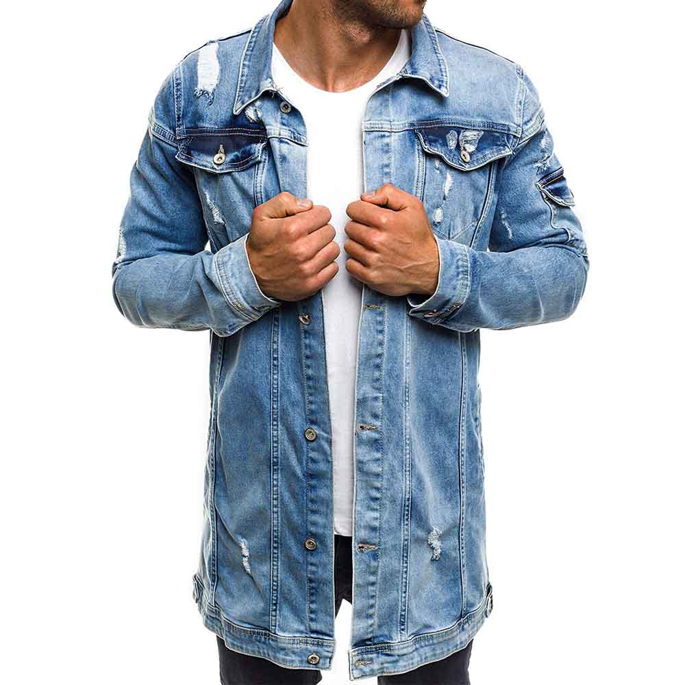 

QNPQYX Fashion Men hip hop Long Denim Jackets Coats Ripped Distressed Slim fit Jeans Jackets Casual Jean Jacket Coat for Male J009, Black