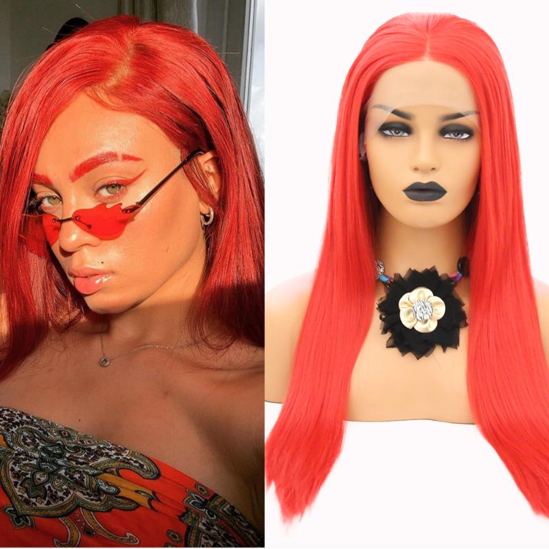 

QUINLUX WIGS Synthetic Hair Red Long Straight Wig For Black Women Lace Front Wig With Per Plucked Cosplay Costume Heat Resistant, As pic