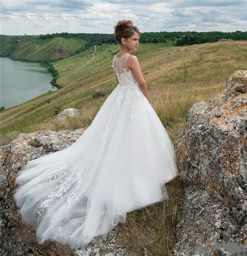 

White Holy First Communion Gowns A Line Princess Sheer Neck Buttons Appliques Custom Made Flower Girl Dress, Light yellow