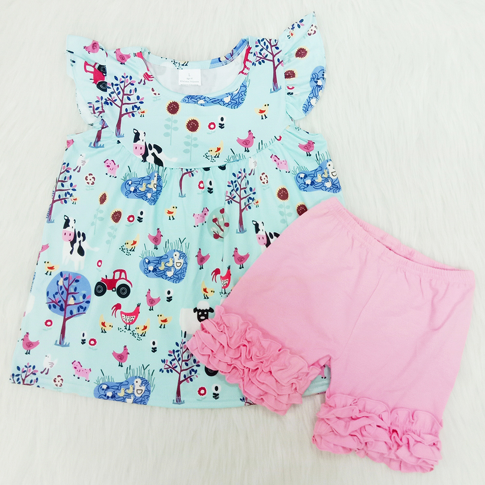 

2020 Hot Summer Girls Clothing Outfits Two Piece Sleeveless Children Sets Girls Clothes Suit Casual Print Kids Boutique Outfits, Sky blue