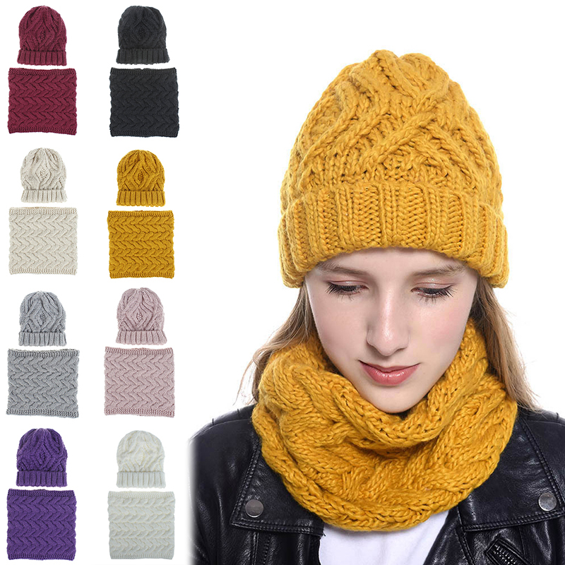 

Women Solid Color Knitted Scarf Set Neck Beanie Hat Warm Simple Cotton Plush Soft Plus Cap Collars Scarfs For Women High Quality
