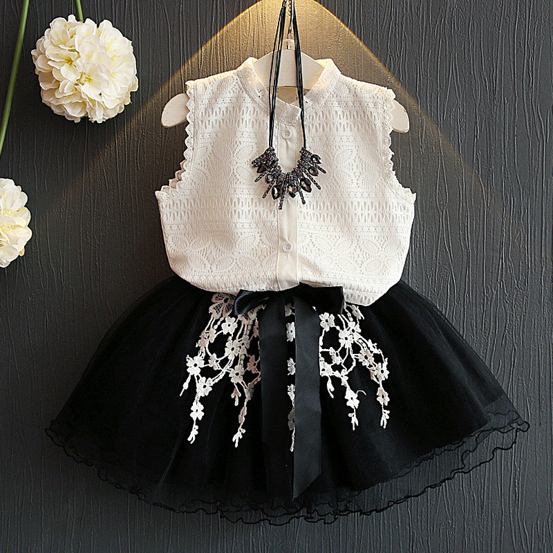 

Girls Clothes Sets Summer Lace Children Sleeveless Shirt Tops + Solid Skirt 2PCS Kids Suit Fashion 3-8T Children Clothes, White