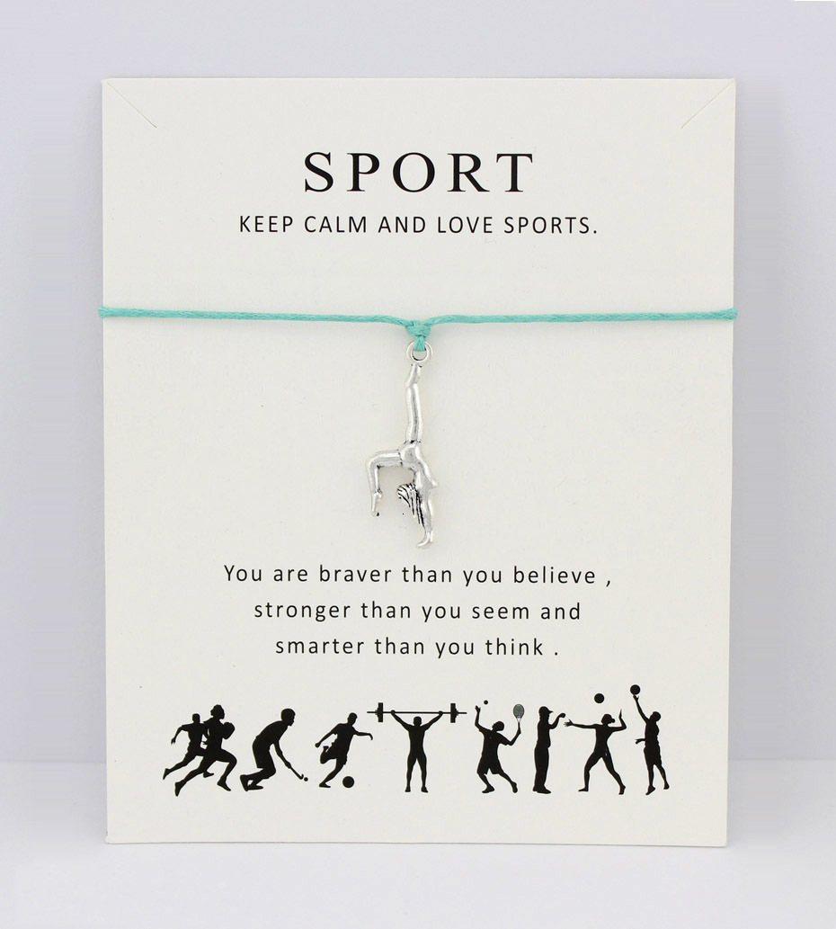 

Artistic Gymnastics Gym Charm Card Bracelets Sports Antique Silver Jewelry Blue Pink Aqua Red Wax Cord Women Girl Boy Gift
