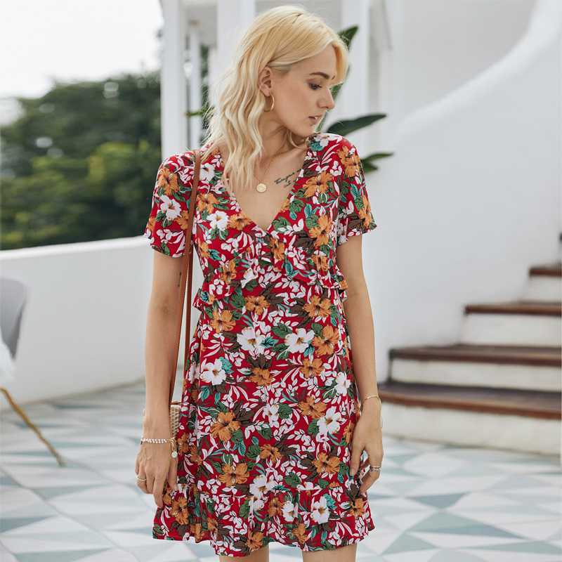 

Women Summer New Dress V-neck Bohemian Style Short Sleeve Dresses Mini Printing Beach Wear Vestidos, Blue