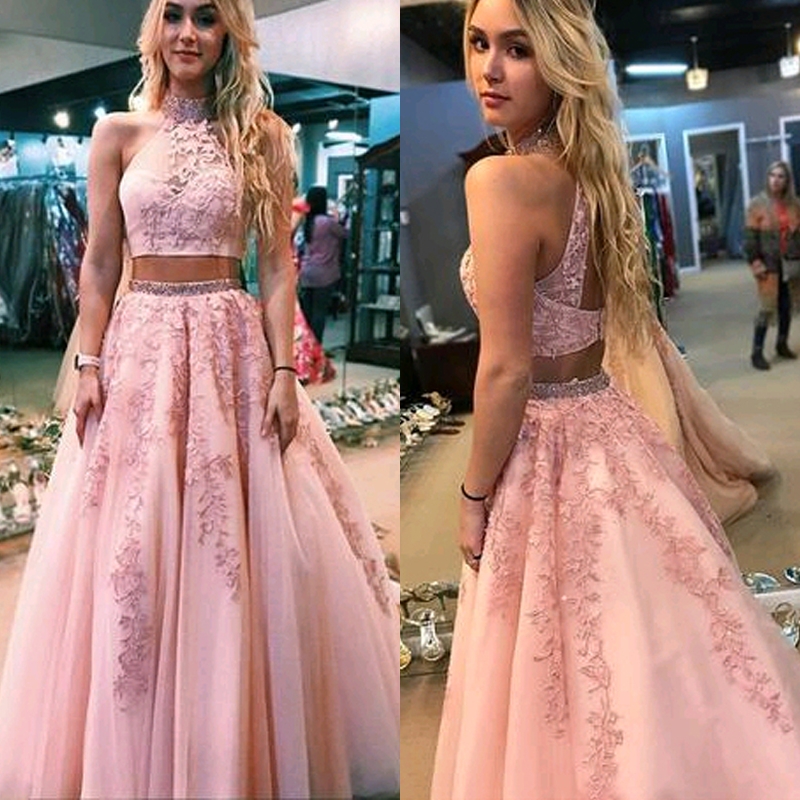

Two Piece A Line Cheap Prom Dress with Appliques Sequins Backless Custom Evening Dress Girls Pink Formal Gown, Blue