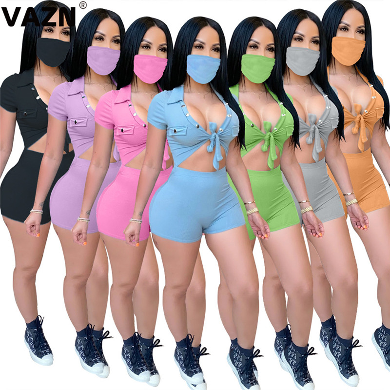 

VAZN Fashion 2020 summer sexy lady 7 colors 2-piece playsuit face masks short sleeve button playsuit skinny casual playsuits, Black