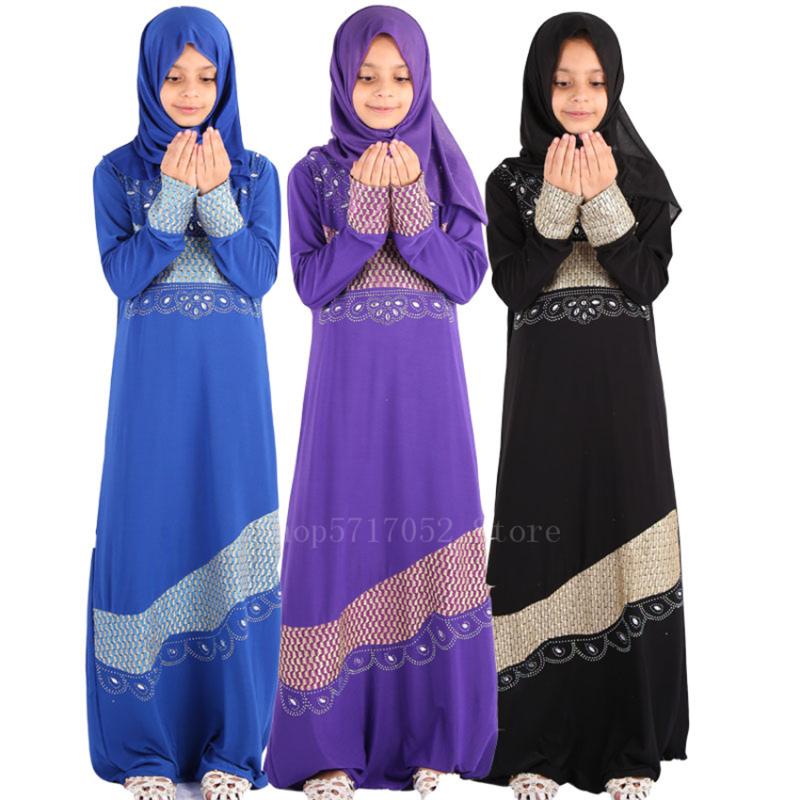 

Islamic Muslim Traditional Children Abaya Arab Kaftan Ramadan Prayer Maxi Gilrs Rhinestones Patchwork Robes Dress Abaya+Hijab
