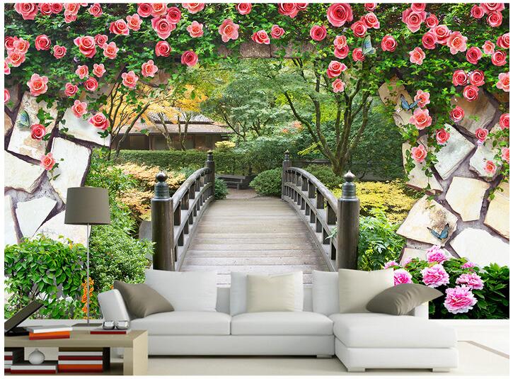 

WDBH 3d wallpaper custom photo Arches wooden bridge flower vine brick living room office Home decor 3d wall murals wallpaper for walls 3 d, Non-woven