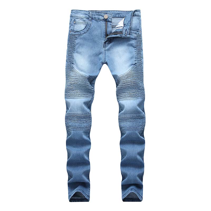 

Men Biker jeans denim Knees Holes Draped Panelled Fashional pants Washed Zipper high quality, T-693