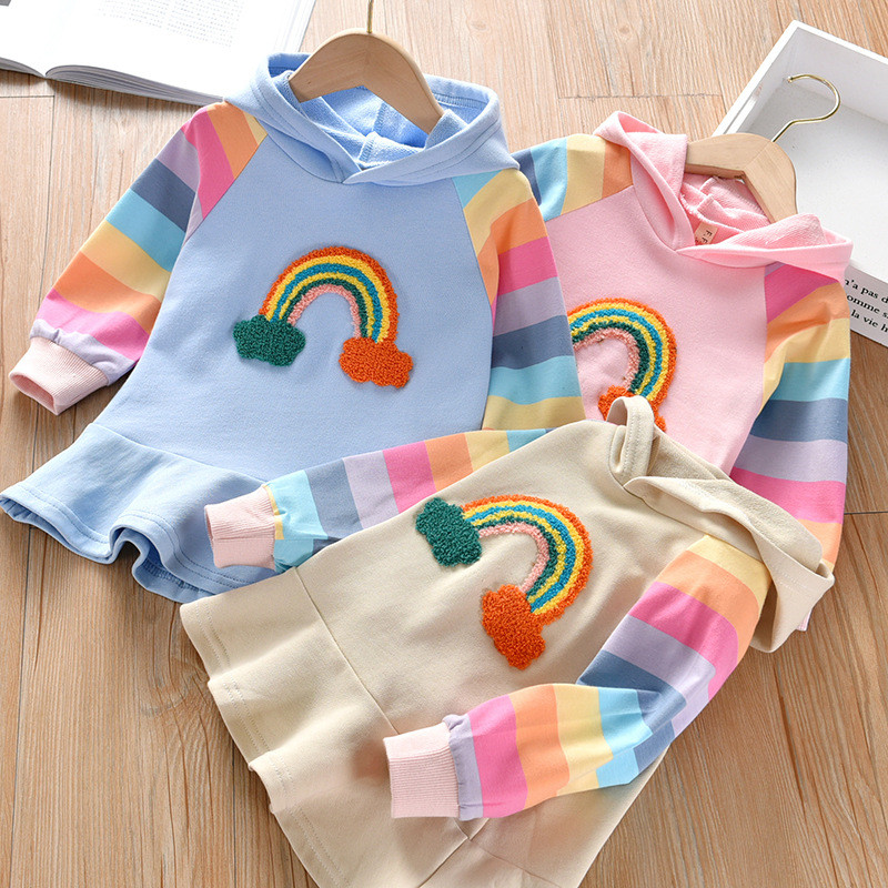 

Kids Girl Long Sleeve Sweater Dress Rainbow Colorful Hooded Sweater Skirt Pink Blue Apricot Color Costume
