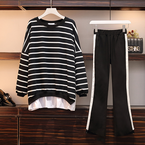 

Casual Plus Size 2 Piece Set Women Clothes 2020 Stripe Large Striped Two Piece Set Top&pants Ensemble Femme Deux Pieces, Black