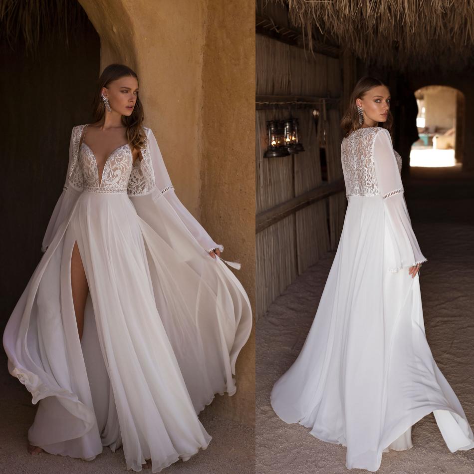

Slits A Line Beach Wedding Dresses V Neck Lace Applique Sequins Tulle Wedding Dresses Floor Length Boho With Warps Bridal Gowns, White