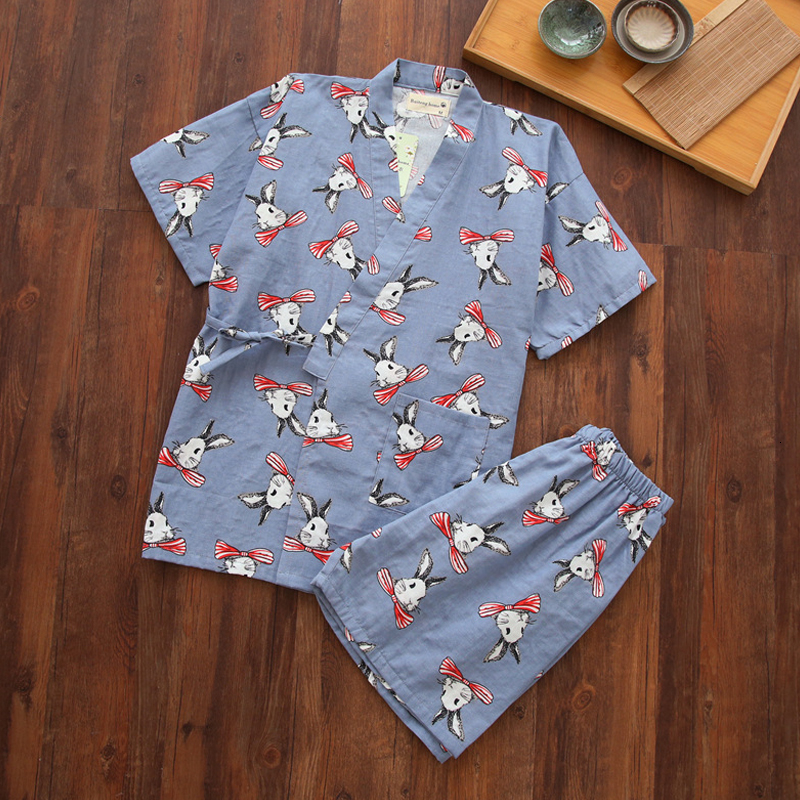 

KISBINI Summer Women Pajamas Sets Japanese Style Cartoon Print Cotton Short Sleeves Shirt+Shorts Pants 2PCS/Sets Night Wear SH190925, Blue;gray