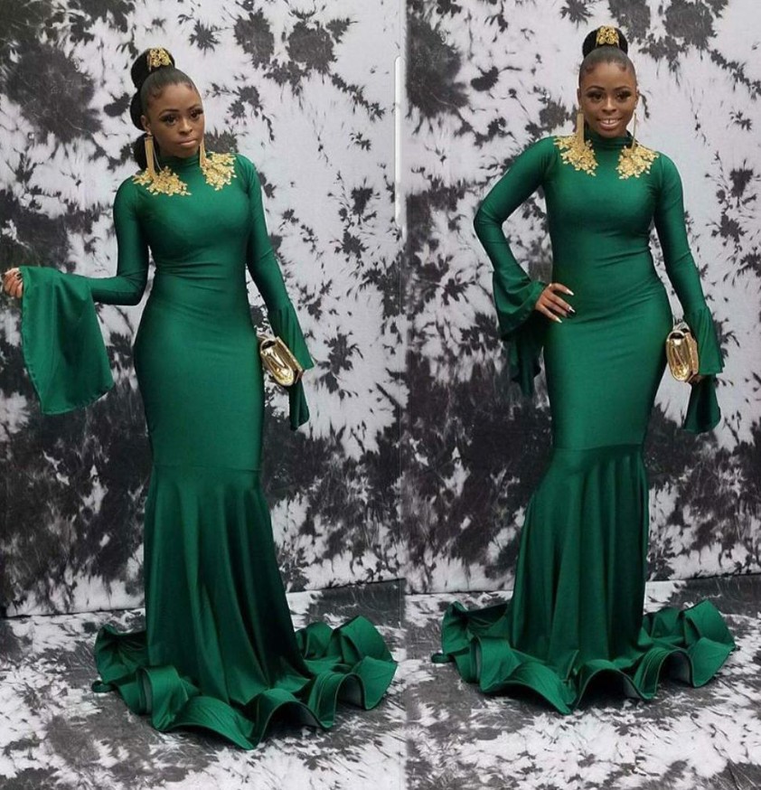 

2020 Green African Long Evening Gowns Mermaid Elastic Satin With Gold Lace Prom Dress Lace Appliques White Party Gowns, Ivory