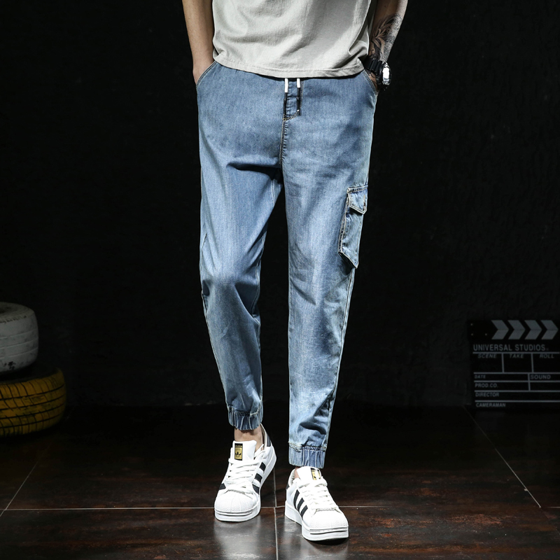 

2019 spring new jeans men's trend harem pants men's multi-pocket trousers summer large size jeans blue elastic band loose pants