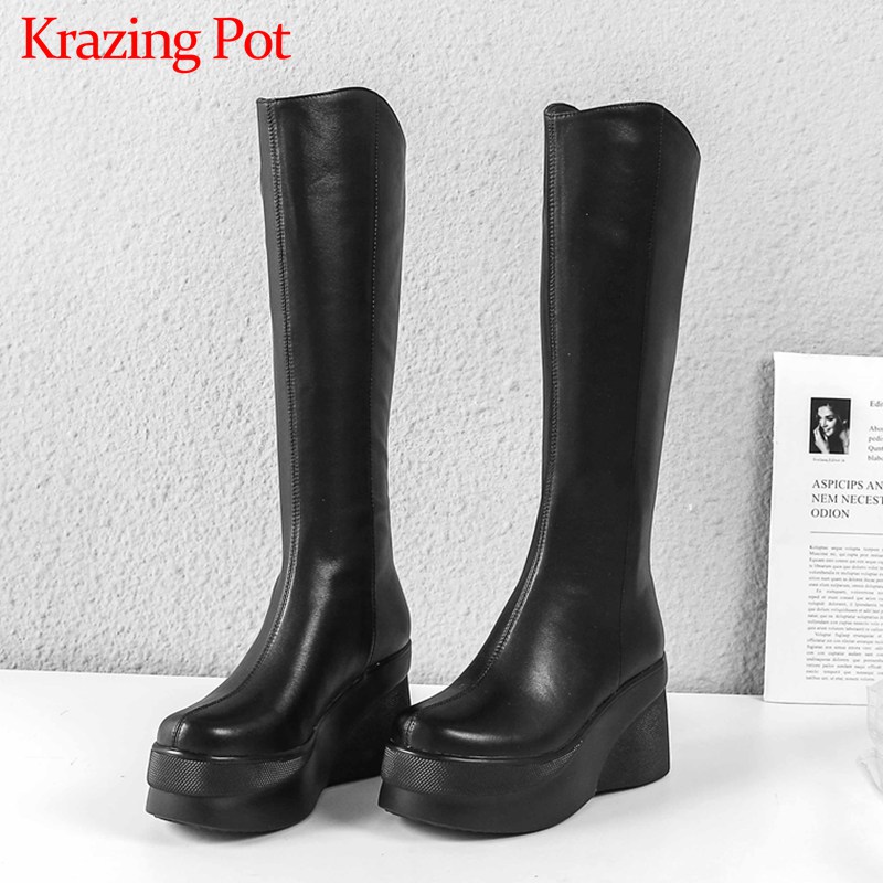 

Krazing Pot solid cow leather thick bottom boots round toe high heels women keep warm leisure style Zipper thigh high boots L24, Beige