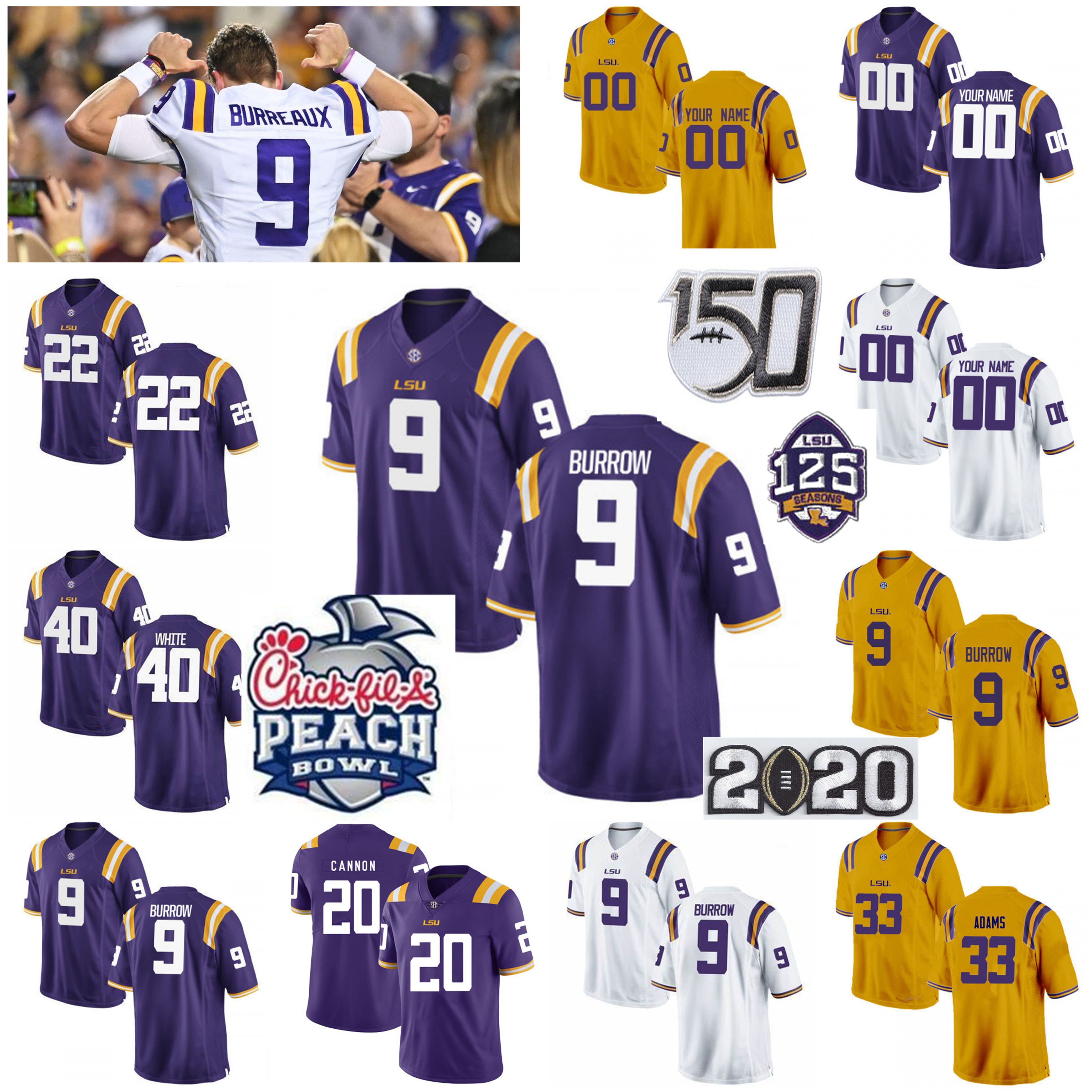 

Custom LSU Tigers Jerseys Derrius Guice Jersey Devin White Jarvis Landry Ja'Marr Chase Nick Brossette 150th College Football Jersey Stitched, Black