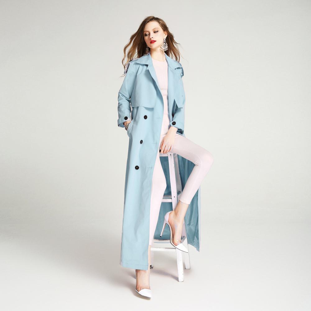 

2019 spring autumn woman trench coat long lapel double-breasted sky blue plus size fashion vintage ladies trench coat h136, As pic