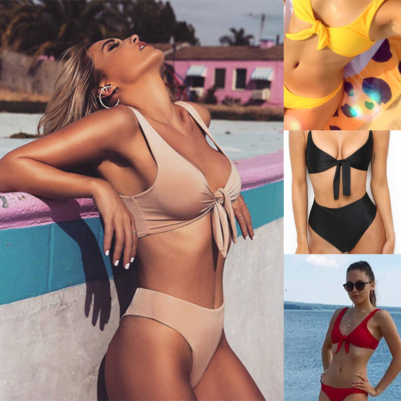 

European and American Swimsuit Sexy Swimsuit Solid Color Double-Sided Bow Tie-up Split Bikini 2 Piece Women, Black
