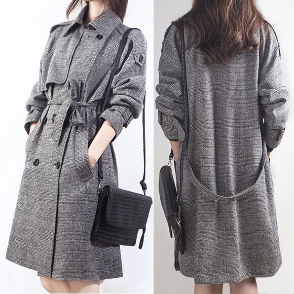 

Women' Windbreaker 2019 Spring and Autumn Korean Version Medium Length Loose and Slim Large Plaid Coat Double Breasted Coat, Gray