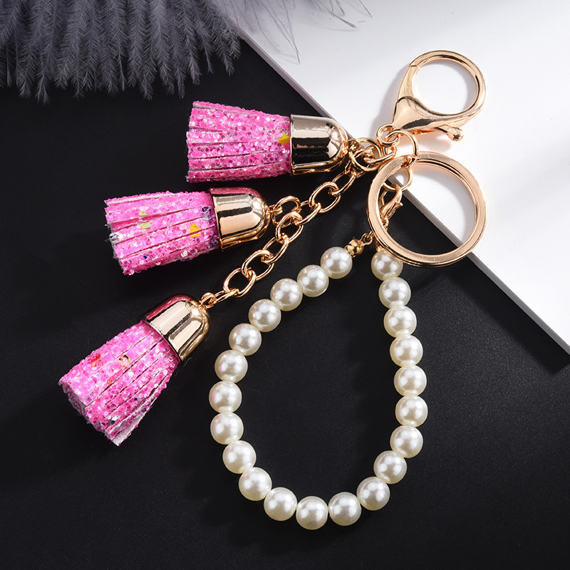 

New Fashion Candy Color Tassel Pearl Chain Keychain For Women Bag Metal Pendant Key Chain Car Keychain Jewelry Girl Gift