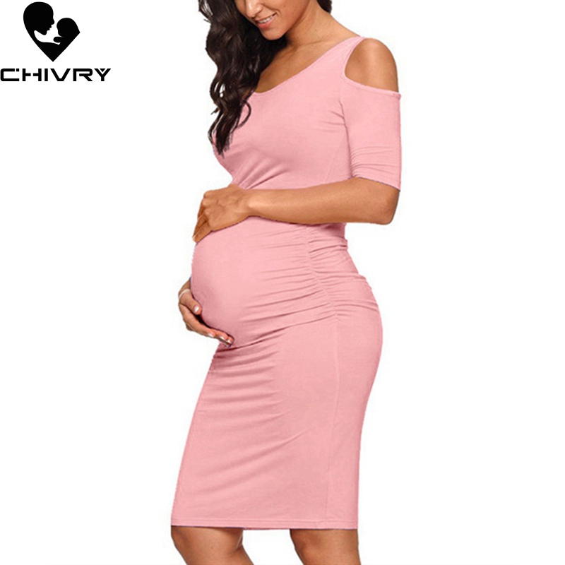 

Chivry New Maternity Women Pregnancy Dresses Mama Clothes O-Neck Solid Off Shoulder Bodycon Pregnant Women Casual Dress, Black