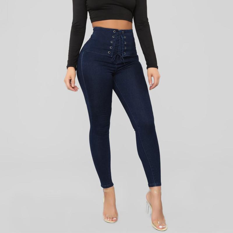

Sexy High Waist Jeans Woman Skinny Stretch Denim Pants Ladies Fashion Casual Bandage Pencil Pants D30, Blue