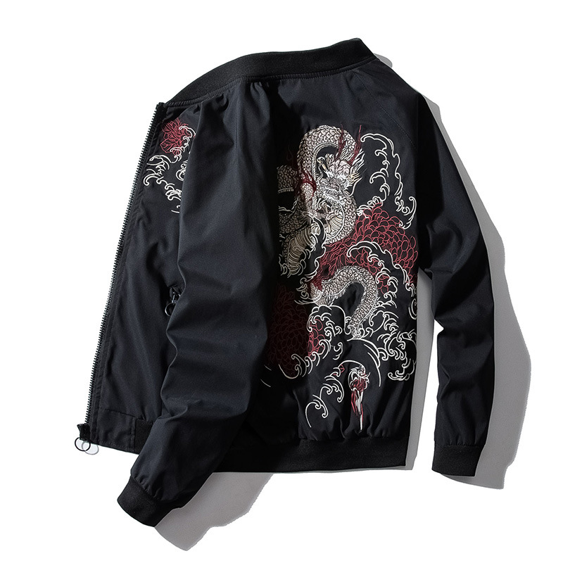 

High Street Hipster Bomber Jacket Women Men Dragon Embroidery Pilot Jacket Retro Punk Hip Hop Autumn Youth Streetwear, Black
