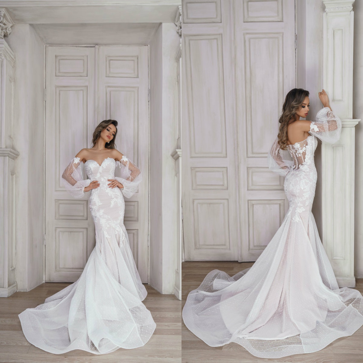 

2020 Mermaid Wedding Dress With Detachable Sleeves Sweetheart Appliqued Bridal Gown Backless Ruffled Sweep Train Vestidos De Novia, Same as image