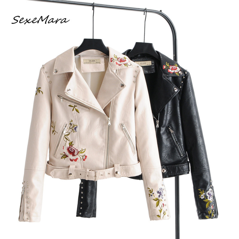 

New Arrival Vintage 2020 Women PU Jackets Fashion Casual Korean Style Embroidery Slim Jackets, Black