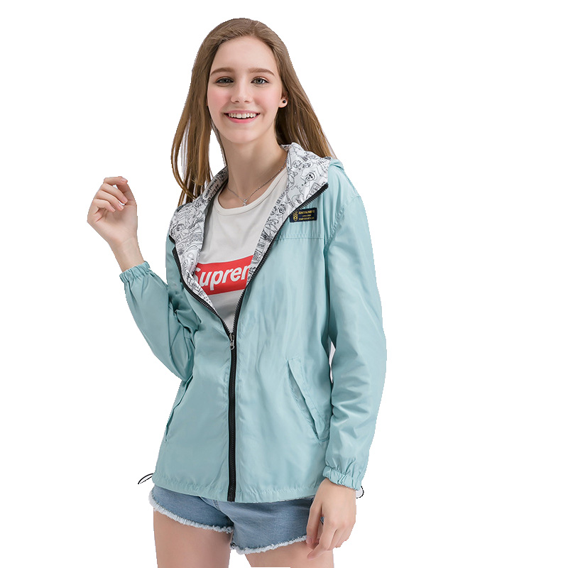 

2019 Women Autumn Fashion Coat Casual Loose Pocket Zipper Hooded Two Side Wear Cartoon Print Outwear Windbreaker Plus Size Girl, Blue