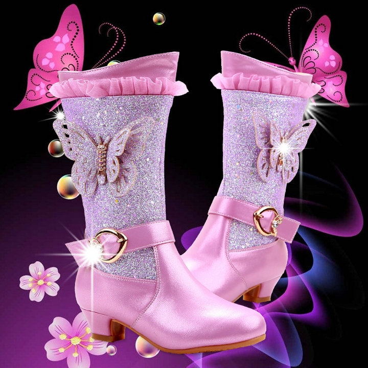 

3 colors Retail kids designer butterfly Princess snow boots girls winter Luxury plus velvet high-heeled warm boot children shoes, Good quality