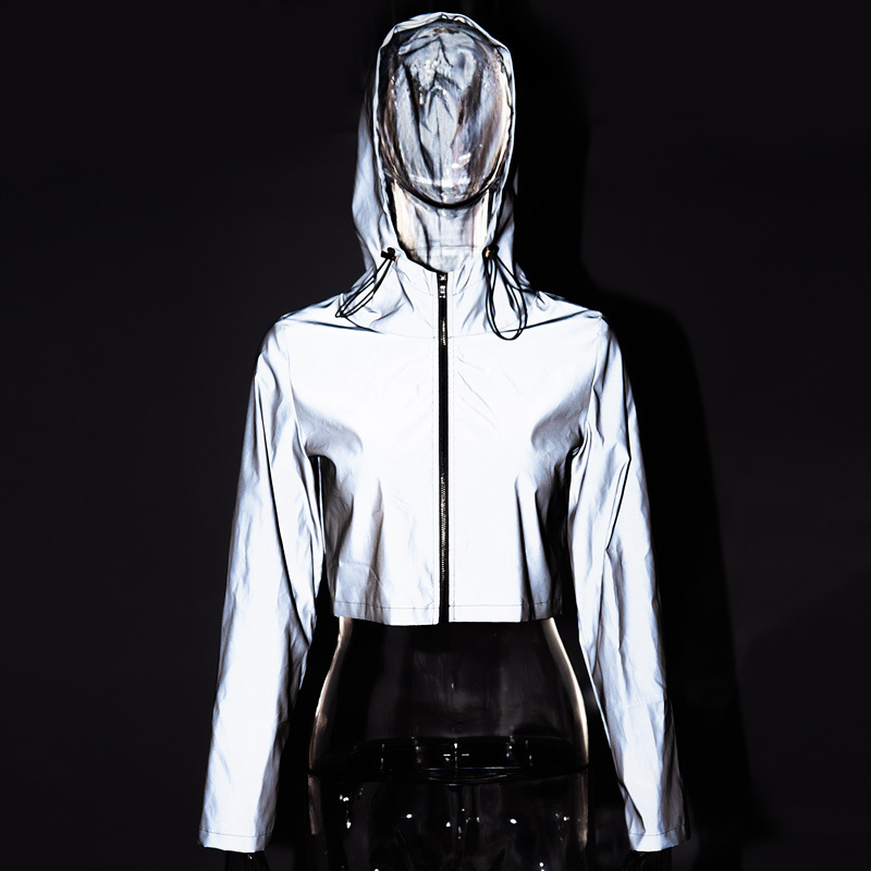 2019 Flash Reflective Jacket Women Short Hooded Coat Night Glowing