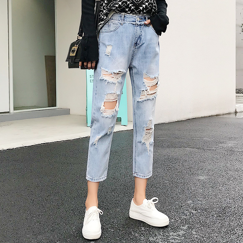 

Ripped Jeans For Women Blue Loose Vintage Female Fashion High Waist Style Baggy Mom Pants Casual Spring